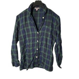 J. Crew flannel pajama top button front blue and green size XS
